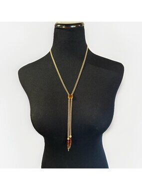 Swarovski Gold Tone Ball Chain Lariat Necklace Orange Amber Crystals